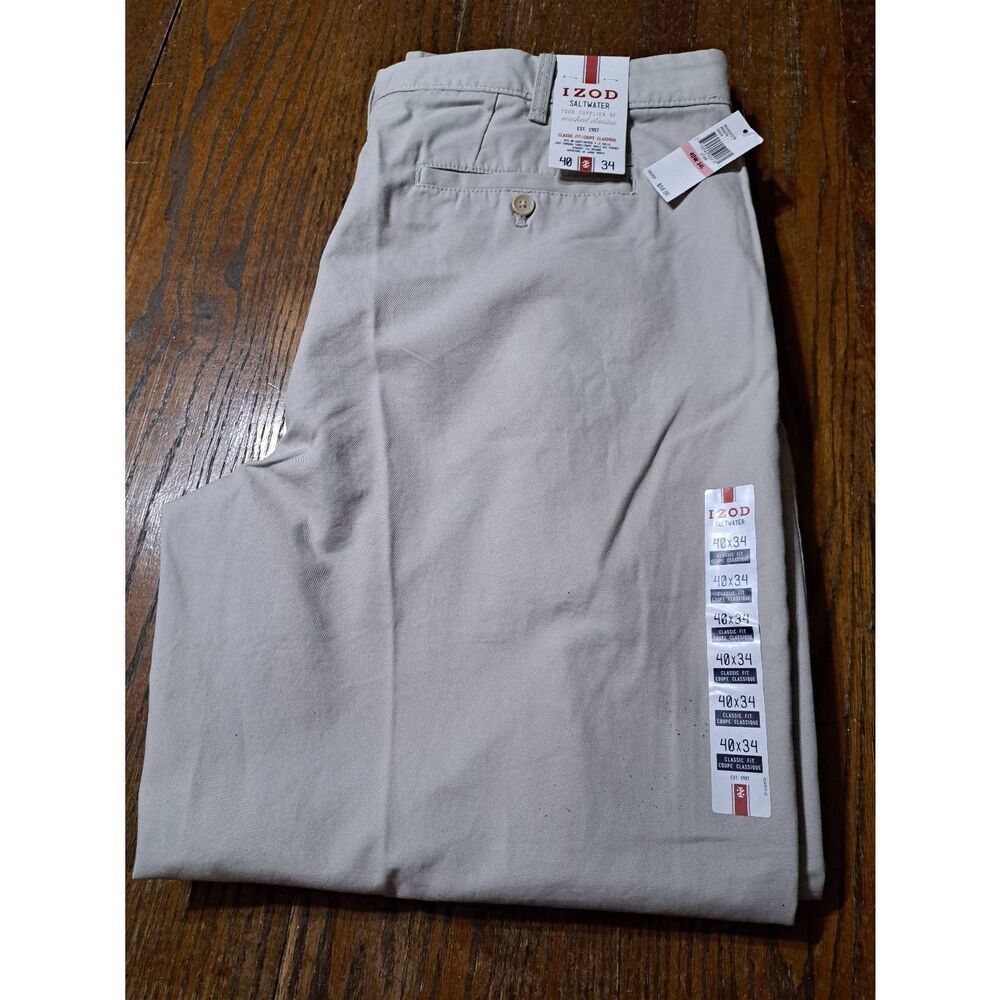 New 40x34 IZOD Saltwater Classic Fit Khaki Cream Cotton Pants with Pockets NWT
